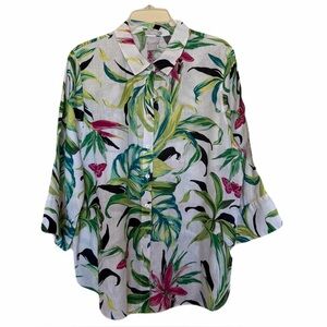 Chico’s No-Iron Linen Tunic Top Green Pink Tropical Floral Chico’s size 3/US 16